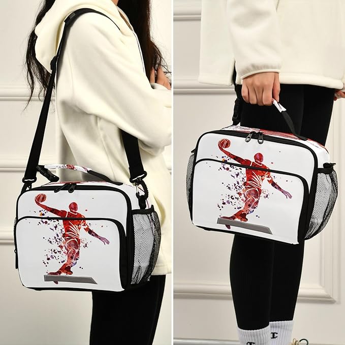 Pfrewn Red Basketball Player Painting Lunch Box for Kids School Students Insulated Lunch Bag with Shoulder Strap for Office Adults Reusable Cooler Bags Lunch Tote