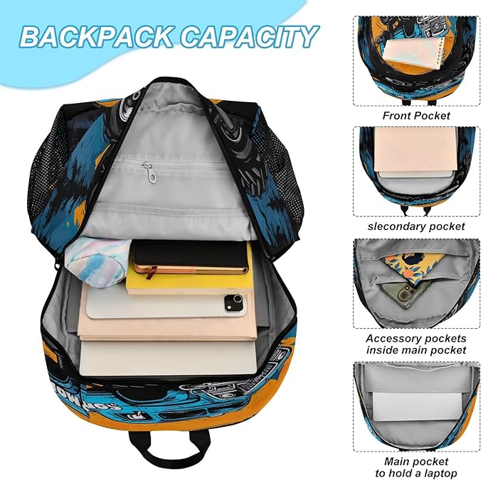 Cartoon Monster Truck Kids Backpack for Girls Boys School Bookbag with Insulated Lunch Box for Elementary Hight School Student Teen Girls Backpacks