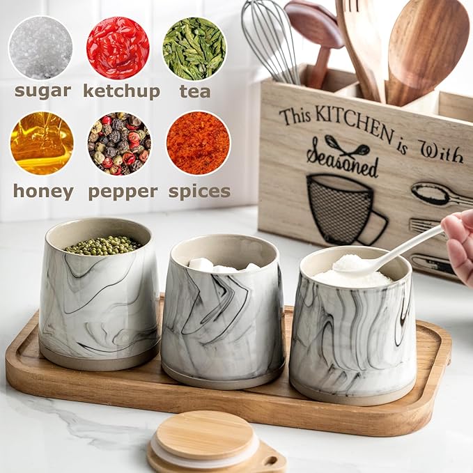 Sugar Jar Salt Container with Spoon, Condiment Spice Jars with Wooden Lids, Ceramic Sugar Bowls Canisters for Coffee Bar Station Kitchen Storage for Candy, Coffee Bean, Pepper - Marble Design