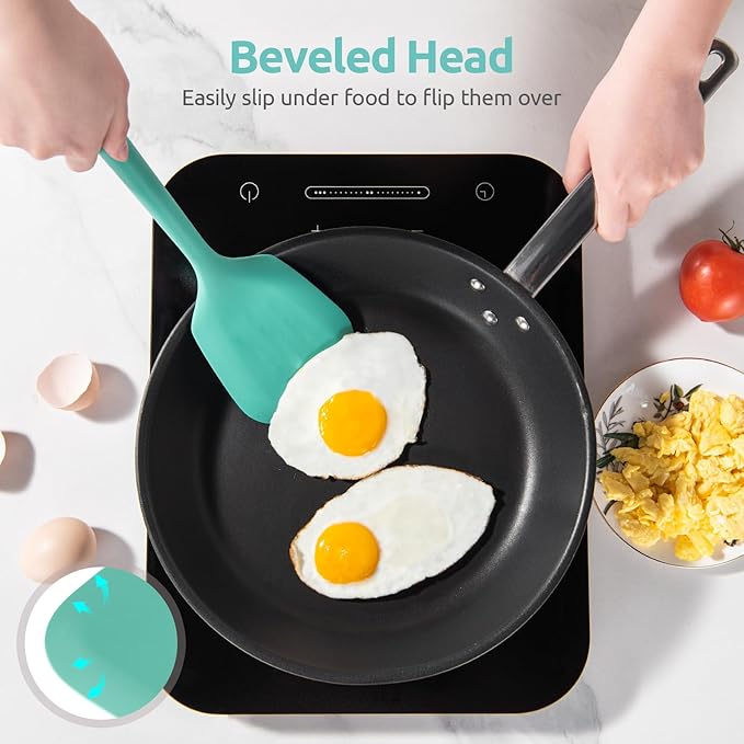 18/8 Stainless Steel Measuring Spoons Set for Dry and Liquid Ingredients (Set of 8), and 600℉ Heat Proof Long & Wide Silicone Solid & Slotted Turner Set of 2 for Egg, Pancake (Aqua Sky)
