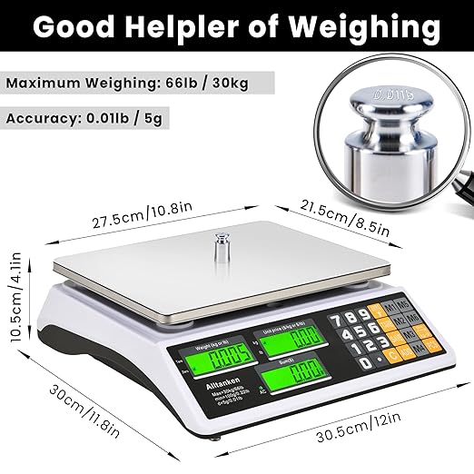 Price Computing Scale 66lb/30kg Commercial Food Scale with Price Calculator, Accurate Counting, Flat Reversed Platter, Dual LCD Display for Farmers' Markets Retail Deli Meat Shopsr Produce Weighing