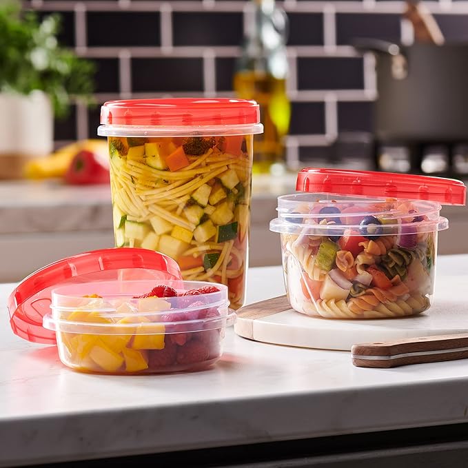 PLASTICPRO 6 Pack Twist Cap Food Storage Containers with Red Screw on Lid- 8 oz Reusable Meal Prep Containers - Freezer and Microwave Safe Red Plastic Food Storage