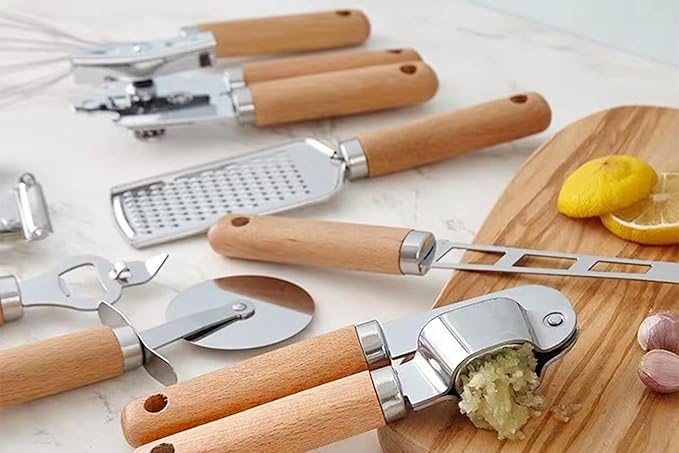 10-Piece Wooden Handle Kitchen Utensils Set, Stainless Steel Cooking Utensils Set, Ergonomic Design, Durable and Comfortable Grip With Knife Sharpener, Garlic Press, Can Opener, Pizza Cutter