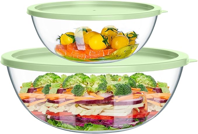 2-Pack Glass Mixing Bowls with Lids, Stackable Nesting Salad Bowls(4.7QT, 2.9QT), Large Mixing Bowl Set Batter Bowl for Cooking, Baking and Meal Prep