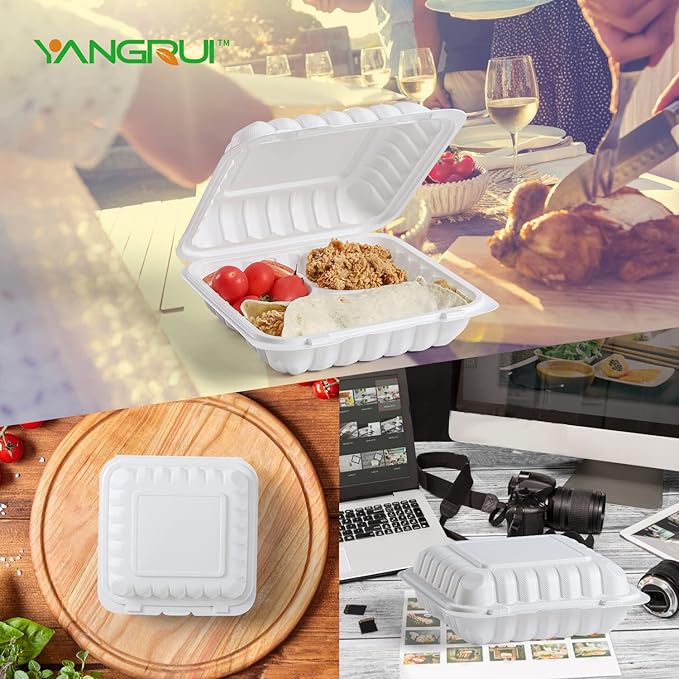 YANGRUI Clamshell Food Containers, Reusable 100 Pack Large Capacity 9 Inch 41 OZ Clean Film Package MFPP Meal Prep Container BPA Free Microwave Freezer Safe 3 Compartments Plastic To Go Boxes