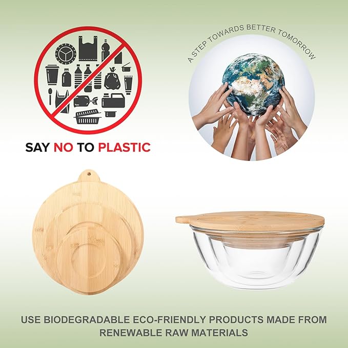 Glass Salad Bowls, Set of 3 Glass Bowls with Bamboo Lids Large Serving Bowl for Salad, Pasta, Desserts, W/Bamboo Utensils Salad Fruit Nesting Bowl for Cooking,Baking,Prepping,Serving & Storage