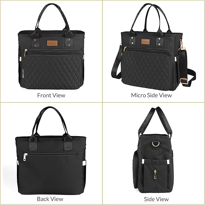 Large Insulated Lunch Bag for Work, Women's Nylon Thermal Lunch Box, Leakproof Cooler Tote Bag with Storage Pocket (Black)