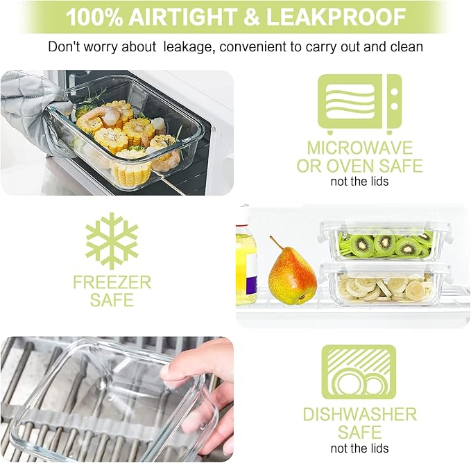 Bayco 10 Pack Glass Meal Prep Containers, Glass Food Storage Containers with Lids, Airtight Glass Lunch Bento Boxes, BPA-Free & Leak Proof (10 lids & 10 Containers) - White