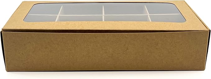 Treat boxes with window and dividers | 8 SMALL compartments | 8.75 x 4.5 x 1.9 in | Chocolate covered strawberries supplies, macaron boxes, baked goods packaging | 10-pack (Kraft)