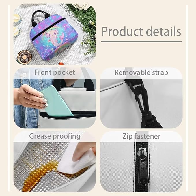 Showudesigns Rainbow Axolotl Lunch Bag for Women Galaxy Lunch Box Girls 6-8 8-10 10-12 Cooler Bag Reusable Lunch Tote Box With Front Pocket Thermal Meal Organizer Bento Box