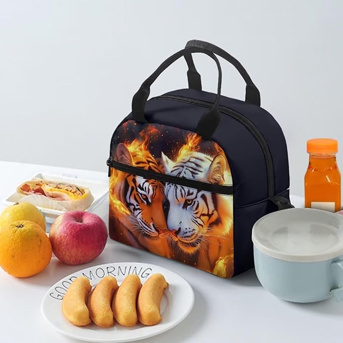 Showudesigns Fire Tiger Lunch Box for Teen Girls Middle School Kids Lunch Bag 10-12 12-14 Insulated Lunchbox Purse with Adjustable Shoulder Strap Thermal Meal Organizer Black