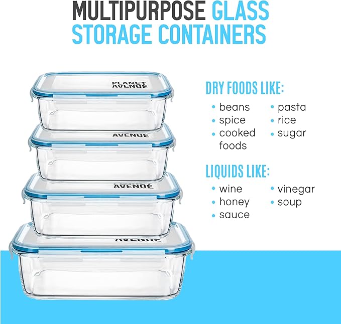PLANET AVENUE 4-Pc Glass Food Storage Containers Set with Plastic Lids, Airtight, Meal Prep Containers with Leak-Proof Locking Lids, Safe for Microwave, Own Freezer, and Dishwasher, BPA-Free