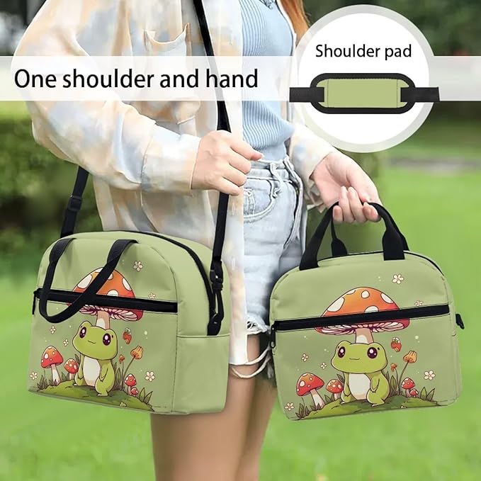 Showudesigns Cute Mushroom Frog Lunch Box for Girls Kids Insulated Lunch Bag Reusable Shopping Bag Keep Food Cold and Warm Crossbody Tote Bags Travel Picnic Organizers