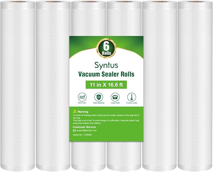 Syntus Vacuum Sealer Bags for Food, 6 Rolls 11" x 16' Commercial Grade Bag Rolls, BPA Free Food Vac Bags for Storage, Meal Prep or Sous Vide