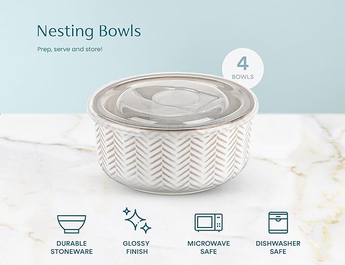 KooK Ceramic Nesting Bowls, with Lids, Serving, Set of 4, Embossed, Kitchen, Prep, Mix, Gift, Microwave and Dishwasher Safe, 10/16/29/47 oz, Narbonne Collection (Ivory)