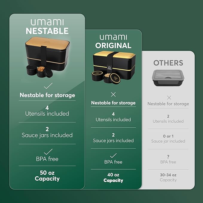 Umami Bento Box Adult All-in-1 w/ 4 Utensils, 100% Leakproof, Dishwasher & Microwave Safe Lunch Containers for Adults w/ 4 Compartments, Black & Tan, 50 oz