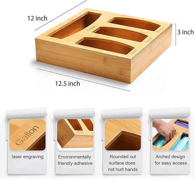 Food Bag Storage Organizer For Kitchen Drawer, Bamboo Baggie Holder,Solimo,Glad,Hefty For Gallon, Quart, Sandwich And Snack Variety Size Bags(1 Box 4 Slots) (1)