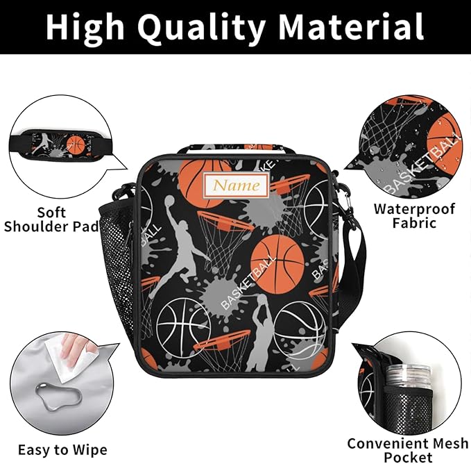 Personalized Lunch Box with Name, Custom Lunch Box Basketball Customized Insulated Lunch Bag Tote, Cooler Freezable Meal Prep Bag with Shoulder Strap Waterproof Lunch Container for Office Picnic