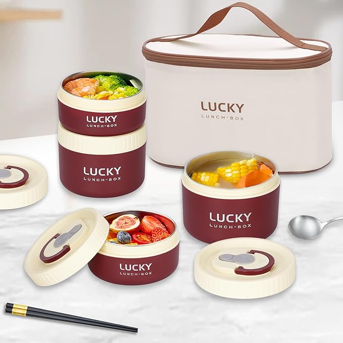 Portable Insulated Lunch Containers, Stainless Steel Bento Box Adult Lunch Box with Insulated Lunch Bag, 4 Separate Stackable Lunch Container for Adult, Red
