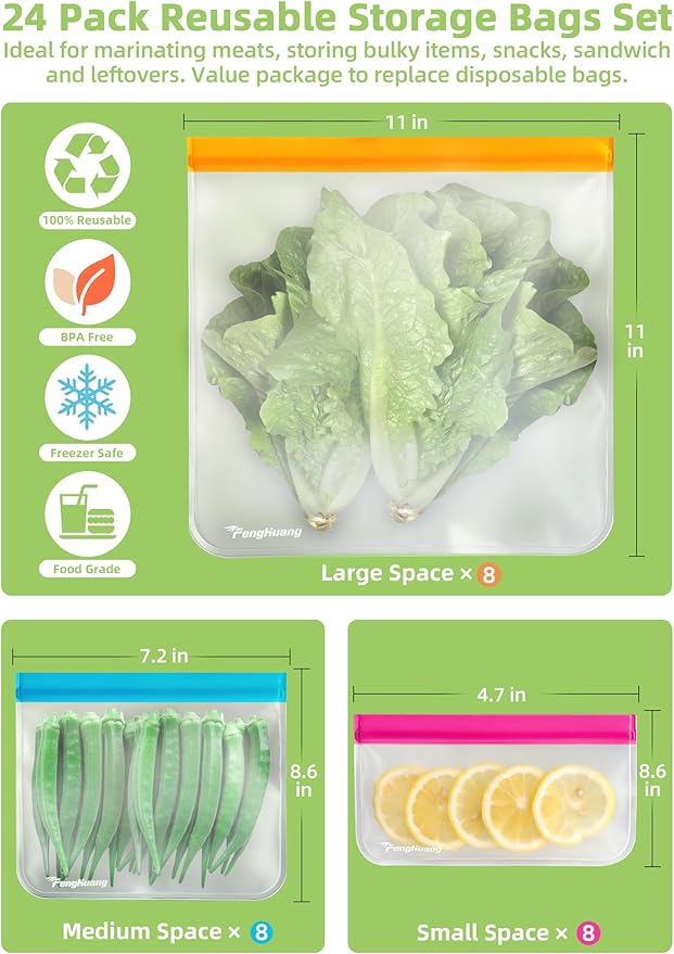 24 Reusable Food Storage Bags, Freezer Bags with Pack BPA FREE (8 Reusable Gallon Bags+8 Leakproof Reusable Sandwich Bags+8 Food Grade Snack Bags) EXTRA THICK Reusbale Lunch Bag for Salad Fruit