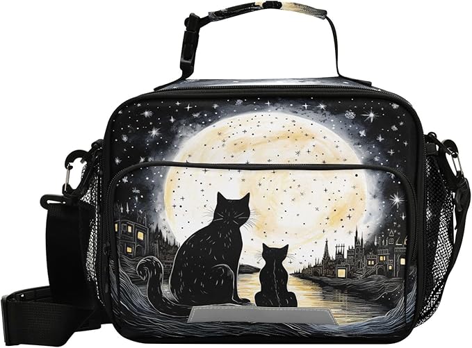 MNSRUU Student Lunch Bag Black Cat Insulated DinnerTotes Picnic Bag Lunch Box with Adjustable Shoulder Strap for Teen Kids Adults