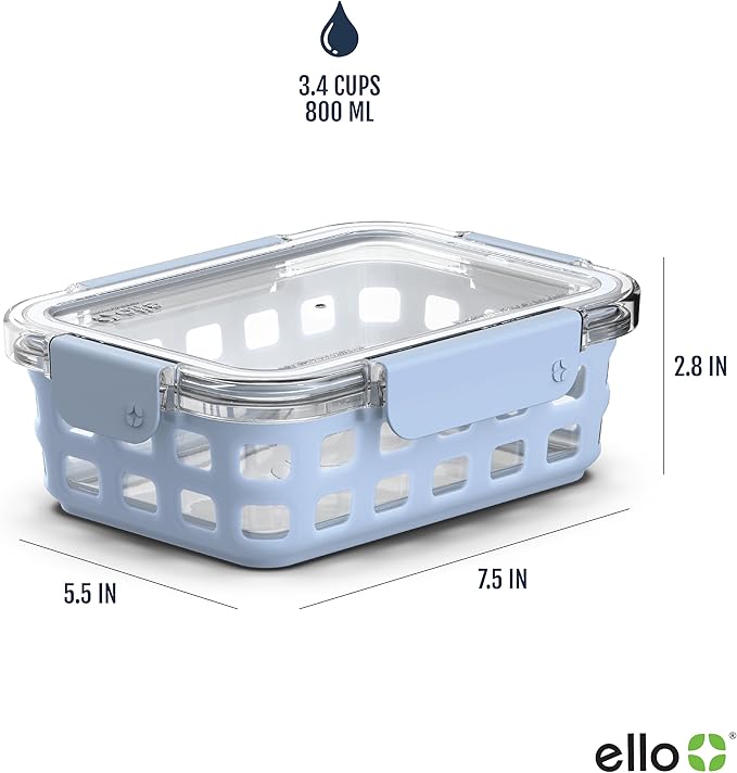 Ello Duraglass 3.4 Cup Meal Prep Sets 10Pc, 5 Pack Set- Glass Food Storage Container with Silicone Sleeve and Airtight BPA-Free Plastic Lids, Dishwasher, Microwave, and Freezer Safe, Halogen Blue