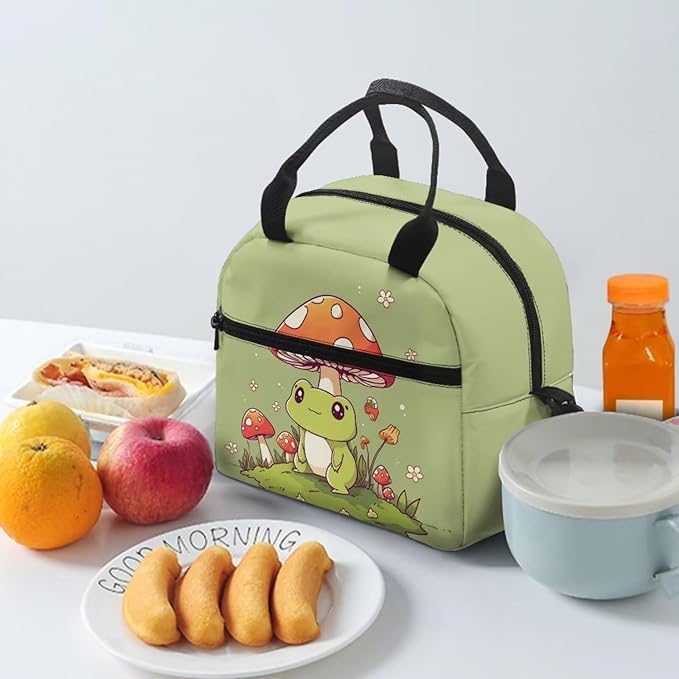 Showudesigns Cute Mushroom Frog Lunch Box for Girls Kids Insulated Lunch Bag Reusable Shopping Bag Keep Food Cold and Warm Crossbody Tote Bags Travel Picnic Organizers