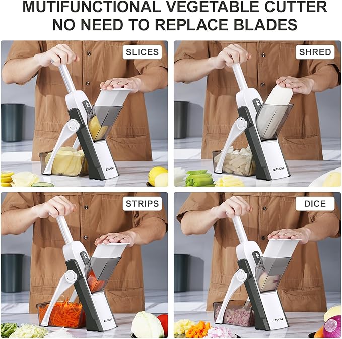 5 in 1 Safe Mandoline Slicer for Kitchen, Safe Vegetable Chopper with Paring Knife, Adjustable Thickness, Easy to Clean, Vegetable Slicer, Slicing, Strips, Shredding, Dicing, Chop (GreenBlack)