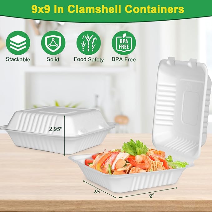 Take Out Food Containers With Lids, 100 Pack Clamshell To Go Containers, 9x9 Carry Out Container For Food, Eco-Friendly Biodegradable To Go Boxes, Biodegradable Made From White Sugarcane Fibers