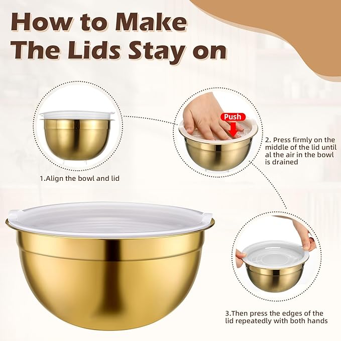 Shellwei Gold Mixing Bowls with Airtight Lids 24 Pcs Stainless Steel Mixing Bowls Set Size 1, 1.5, 2, 3.6, 7QT, Measuring Cups Spoons Baking Utensils Bowl for Kitchen Baking Serving Food