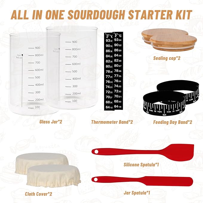 Pro Sourdough Starter Jar Kit 2 Packs-35 Oz Sourdough Bread Starter Jar Kit with Date Marked Feeding Band,Thermometer,Spatula,Cloth Cover& Lid for Sour Dough Bread Loaf (2 Pcs)