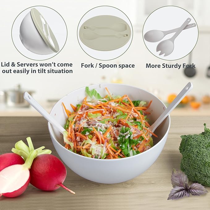 10" Large Salad Bowl with Sealed Lid & Serving Utensils,135Oz, White Big Bamboo Fiber Salad Serving Bowl with Servers for Mixing/Serving (Silicone Light Green Lid)
