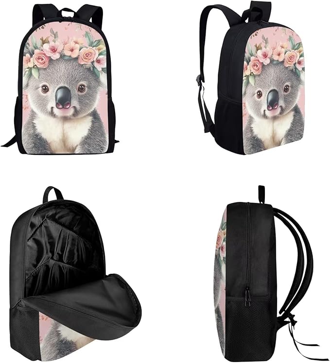 Dolyues Pink Flower Koala Girls 3-Piece Set: 17 Inch Laptop-Compatible Backpack, Leak-Proof Lunch Bag & Pencil Pouch - Extra Padding & Anti-Lost