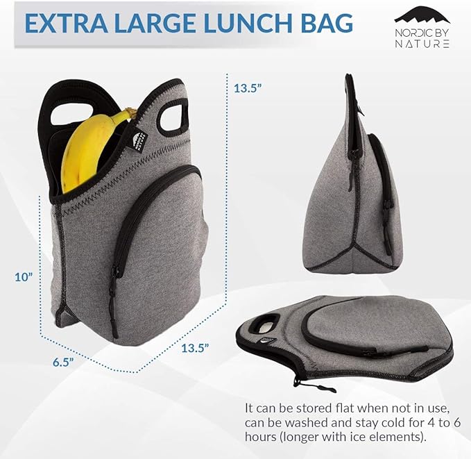 Nordic By Nature Large Neoprene Lunch Bag for Women & Lunch tote for Kids Insulated Lunch bag Reusable Washable Thick Neoprene & Soft Cotton Feel, Premium Stitching, Outside Pocket, (L) Grey/Black