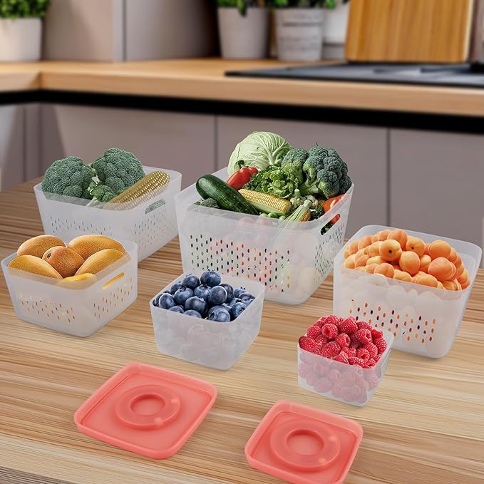 6 PCS Fruit Storage Containers for Fridge with Lids, BPA-Free, Produce Storage Containers with Removable Colander, Dishwasher & Microwave Safe for Salad Berry Lettuce Keeper