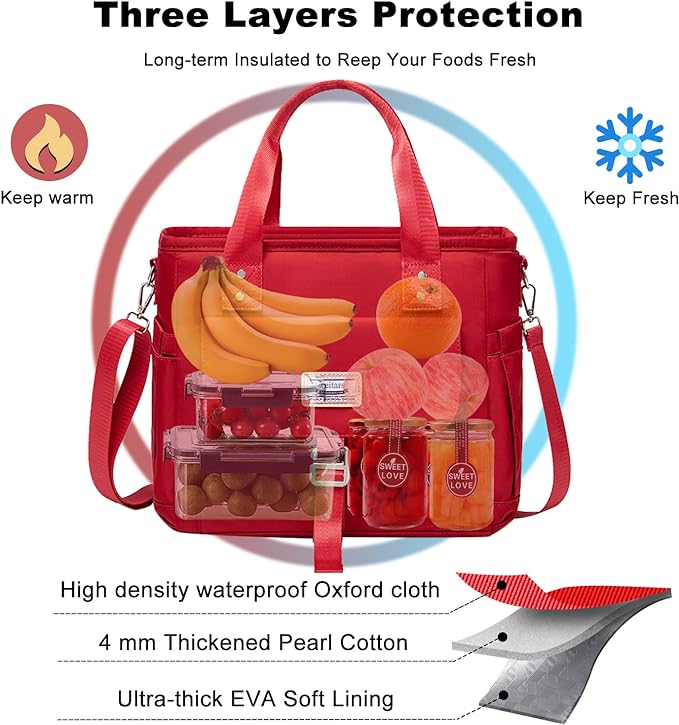 Weitars Insulated Lunch Bag for Women,Leak Proof Lunch Box for Work,Extra Large Lunch Tote Bag With Removable Shoulder Strap with Side Pockets,Reusable Lunch Cooler Bag For Picnic Hiking