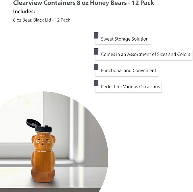 12 Pack of 8 Ounce Honey Bears with Sealable Black Flip Top Lids (8 oz. Bear, 12pk, Black)