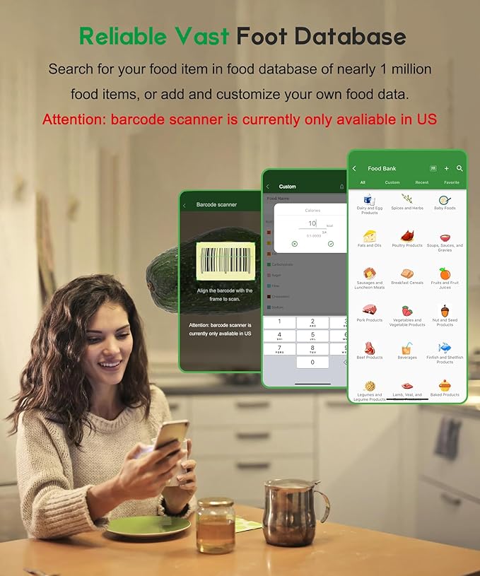 Ataller Smart Food Nutrition Scale, Digital Kitchen Scales with Smart App for Meal Planning, Tracking Calorie Value and Food Nutritional Counting, Resolution 1g, Max 5kg 11Ib, 304 Stainless Steel