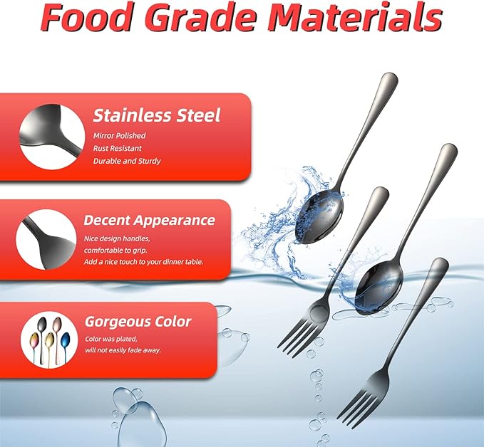 Black Forks and Spoons Silverware Set, KITWARE 24 pieces Flatware Set for 12, Stainless Steel Tableware Cutlery Set for Family, Restaurant, Hotel, Travel, Lunch Box