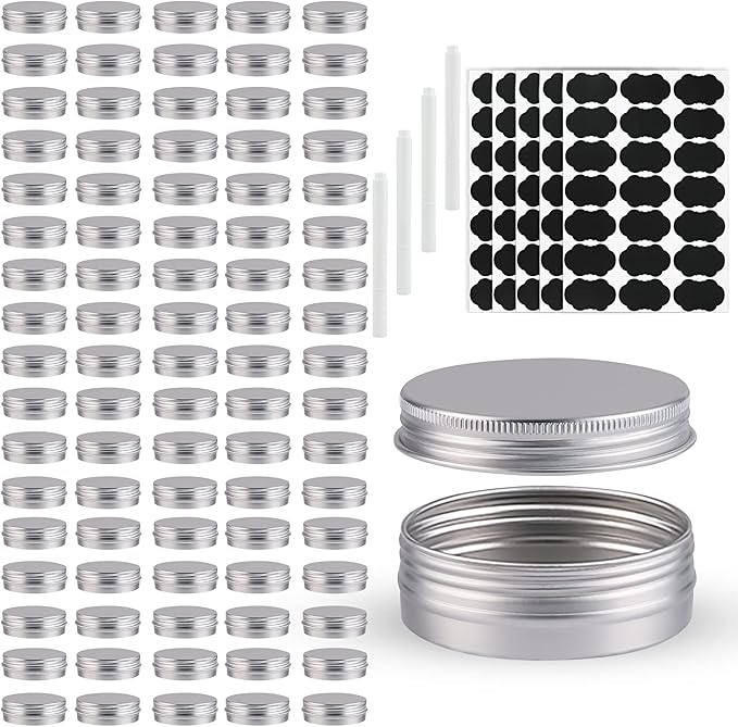102 Pack Round Cans with Screw Lid 1 Oz Aluminum Metal Tins DIY Food Candle Containers for Lotion Bars, Balms, Salve, Spices, Beard Balm, Crafts with 4 Markers 5 Sheets Label Stickers (Silver)