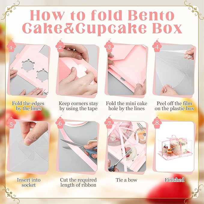 2 Pack Bento Cake and Cupcake Box Fit 2 Cupcakes and 1 Mini Cake for Mother's Day Easter Wedding Birthday Party Bakery Baking Supplies (Pink)