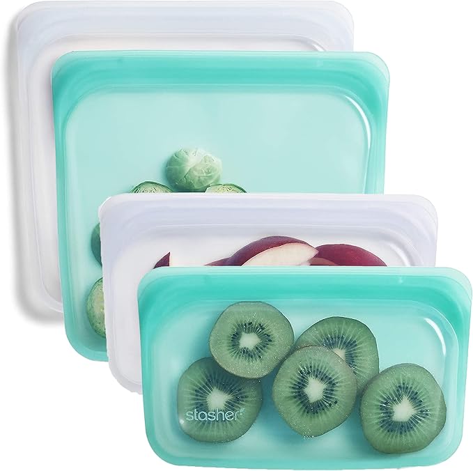 Stasher Silicone Reusable Storage Bag, Bundle 4-Pack Lunch (Clear+Aqua) | Food Meal Prep Storage Container | Lunch, Travel, Makeup, Gym Bag | Freezer, Oven, Microwave, Dishwasher Safe, Leakproof