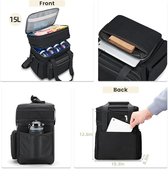 Insulated Lunch Bag & Lunch Box for Men - Double Deck Reusable Lunch Bag for Women Tote Cooler Bag Leakproof Soft Expandable - Large Lunchbox for Work/Adult/Picnic/Outdoor (Black,15L)