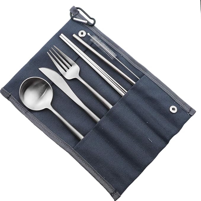 Reusable Travel Utensils, 7 Pieces Portable 18/10 Stainless Steel include Knife Fork Spoon Chopsticks Cleaning Brush Straws Portable Pouch, Eco-friendly Camping Silverware Set, Dishwasher Safe