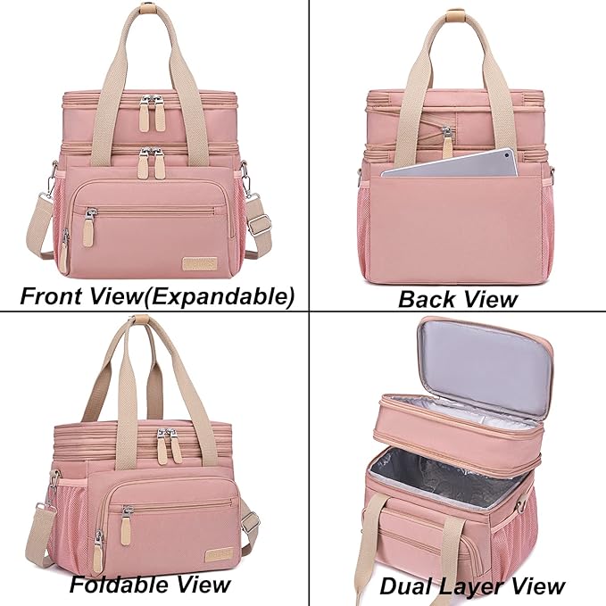 Weitars Lunch Bag for Women, Loncheras Para Mujer, Leakproof Insulated Large Lunchbox Dual Compartment Lunch Box Adult For Work Beach Picnic Hiking (15L) (Pink)
