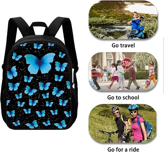 Dolyues Blue Butterfly Backpack Purse for Girls for School Kids Bookbag with Lunch Bag Pencil Case Elementary Middle School Back Pack Students Schoolbag Women Travel Daypack Rucksack