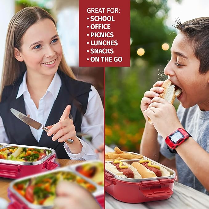 Signoraware Stainless Steel Bento Box, Red, For Men, Unisex, Meal Holder, 34 Oz, Leakproof, Portion Control, Easy Carry, BPA Free, Rust Resistant