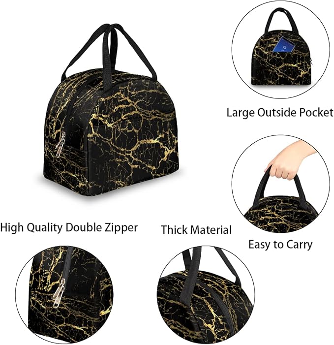 Insulated Lunch Bag for Women Men Golden Marble Texture Waterproof Thermal Tote Bag Reusable Lunch Box Container Lunch Holder Leakproof Lunch Cooler Bag Picnic Travel Work