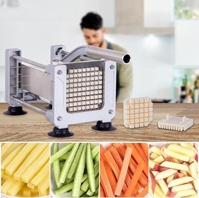 Rismonar French Fry Cutter Stainless Steel Potato Slicer With 1/2in 1/4in 3/8in Blade for Carrots Cucumbers Vegetables (Silver, Machine + 1/2)