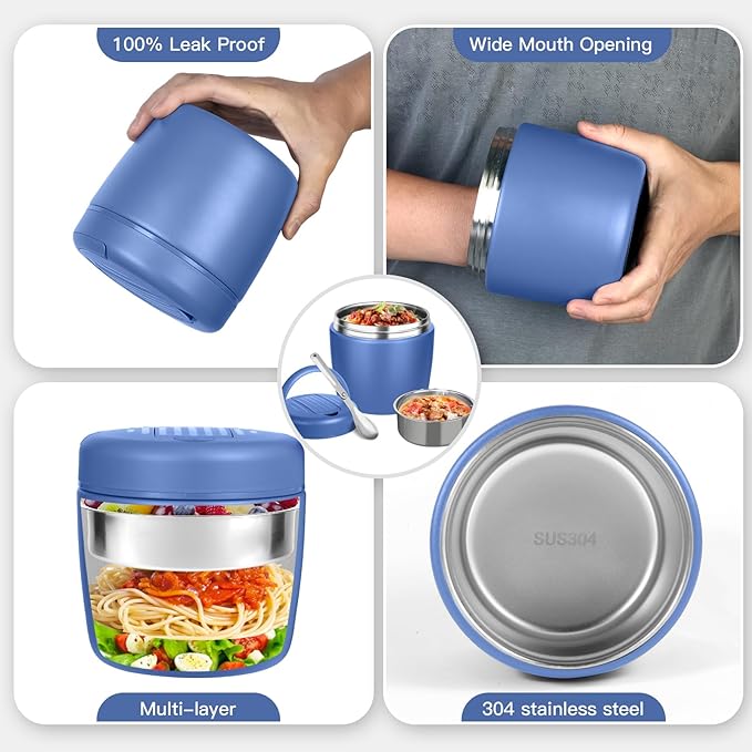 Thermo for Hot Food 32oz, Vacuum Insulated Food Jar for Adults, Stainless Steel Soup Thermo Wide Mouth Leakproof Lunch Containers with Spoon for School Office, Blue